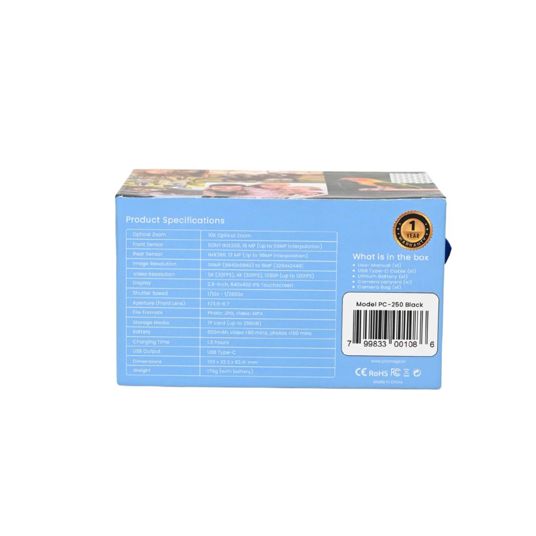 Fotocamera Digitale 5K Promage PC250 – 56MP, Zoom Ottico 10x, Sony Sensor