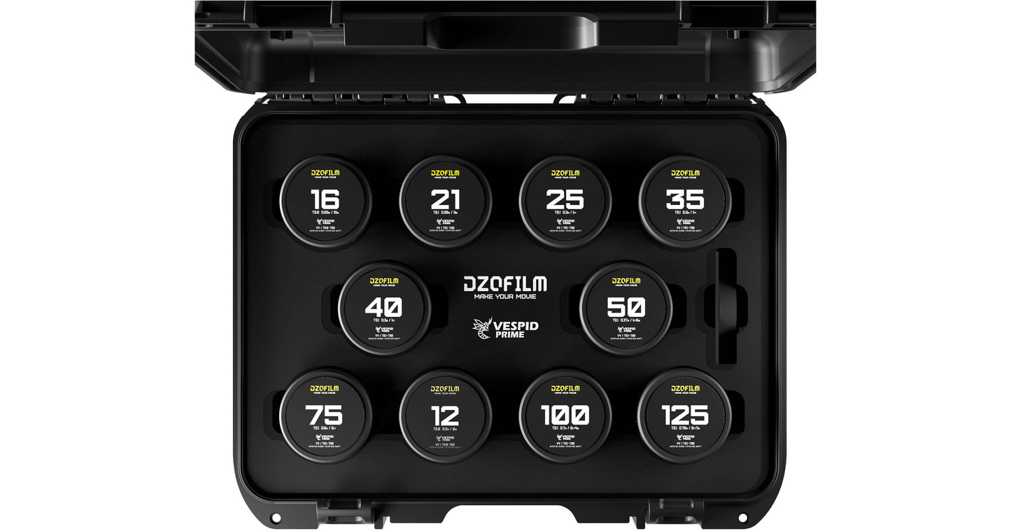 DZOFilm VESPID Prime Cine 10-Lens Kit -- 21/25/35/40/50/75/100/125mm T2.1+ 12/16mm T2.8