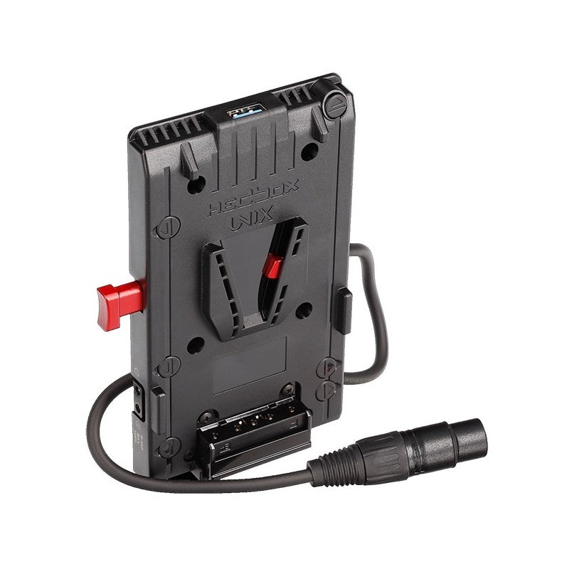 Hedbox V-lock Power adapter plate; USB Output 5.1V / 2.1A; 3 x D-Tap Output 14.8V / 5A; 50cm Breakway Cable 4-pin XLR