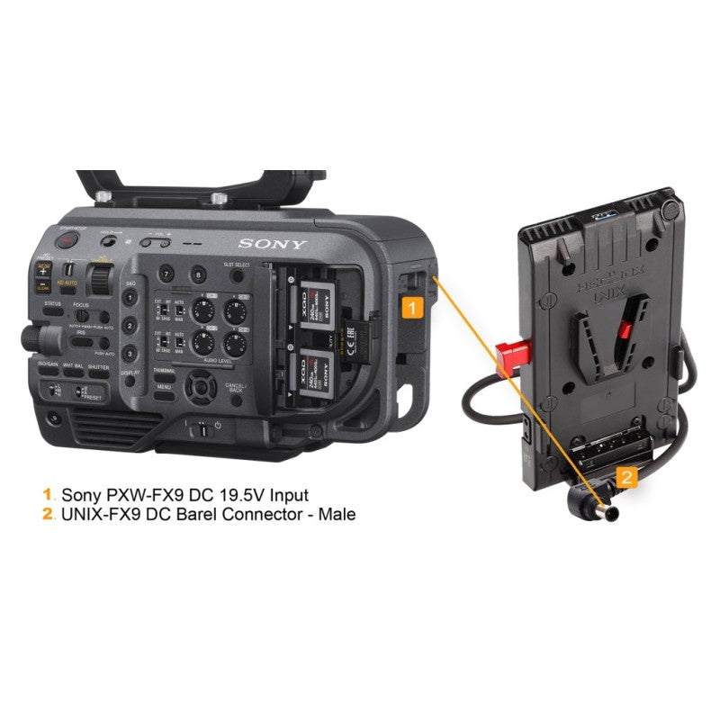 Hedbox V-lock Power adapter plate; USB Output 5.1V / 2.1A; 3 x D-Tap Output 14.8V / 5A; 50cm Breakway Cable with Sony FX9 type Conector