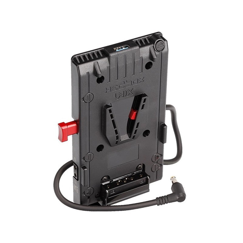 Hedbox V-lock Power adapter plate; USB Output 5.1V / 2.1A; 3 x D-Tap Output 14.8V / 5A; PCB Converter to 12V / 50W; 50cm Breakway Cable Sony Jack